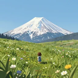 tiny snow - capped mountain surrounded by blades of grass and wildflowers in a field, trending on artstation, digital art ( by joseph meehan ) ( by victor adame ) ( by anna steinbauer )