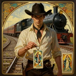 a dramatic ethereal epic symmetrical painting of a handsome villainous cowboy standing in front of railroad tracks with a train locomotive | his shirt is unbuttoned and he has a pocketwatch | tarot card, art deco, art nouveau, ( steampunk ), homoerotic, realistic | by ( ( ( ( alphonse mucha ) ) ) and rolf armstrong | trending on artstation