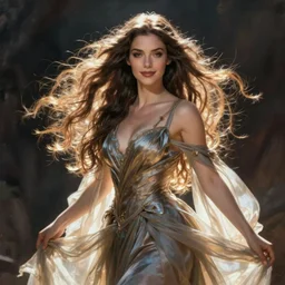 portrait of a female wizard in flowing sensual dress, long flowing hair, delicate, looking at camera, slightly smiling, real face, stylish, elegant, extremely detailed painting inspired by Gerald Brom, epic lighting