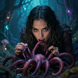 cave troll eating a succubus in an ancient bioluminescent forest, ana de armas, flawless symmetrical pretty cute face, greg rutkowski, 8 k, shallow depth of field, intricate detail, concept art,
