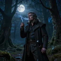 Captain Sam Vimes mistrustfully smokes in the Forbidden Forrest at midnight, full moon, blue tones, detailed, hyperrealistic, colorful, cinematic lighting,  digital art by Paul Kidby