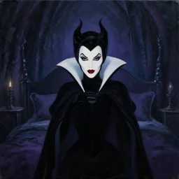 painting of the black silhouette of disney's evil queen in a gothic dark bedroom facing the camera.