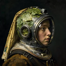 a woman's face in profile, wearing a diving helmet filled with leaves, in the style of the dutch masters and gregory crewdson, dark and moody