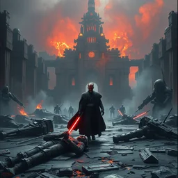 a painting of a cinematic keyframe of a star wars mysterious darth maul walking into the remains of a citadel, dead soldiers laying in the ground, remains of starships with fire and smoke by greg rutkowski, rule of thirds, golden ratio, ambient lighting, wlop, artgerm, artstation, highly detailed masterpiece, dark fantasy art, high detail, trending on artstation