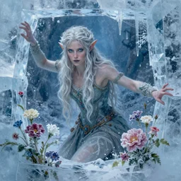dan mumford paint, a fantasy elf woman trapped and frozen trying to get out of a block of clear ice, with frozen flowers around her