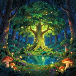 a sanctuary in an enchanted forest, large glowing tree in the middle, lake, night, mushrooms, glowing lights, epic fantasy, colorfully, digital art, highly saturated colors, concept art, detailed illustration, hd, 4 k, digital art, greg rutkowski, dan mumford, studio ghibli trending on artstation