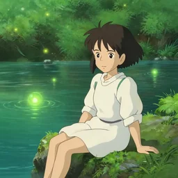 A cute anime girl sitting by a mystical green glowing river. By Studio Ghibli.