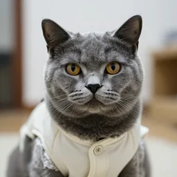 portrait of an confused crazy gray cat using with clothes, (EOS 5DS R, ISO100, f/8, 1/125, 84mm, postprocessed, crisp face, facial features)