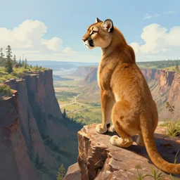 wild west portrait of furry anthro anthropomorphic portrait of a mountain lion head animal person fursona standing at the edge of a steep sharp cliff extreme drop looking out at the valley, sunny day, digital art by Nerdrum John, William Waterhouse, Winslow Homer, Alex Heywood, Jordan Grimmer, Darren Quach, Greg Rutkowski, Simon Stalenhag, trending on Artstation, CGSociety