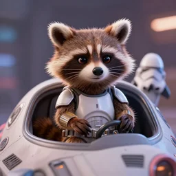 3 5 mm portrait, furry rocket the raccoon sitting in the cockpit of the millennium falcon, wearing storm trooper armor, soft volumetric lighting, cinematic, pixar, octane, 8 k, photorealism!!