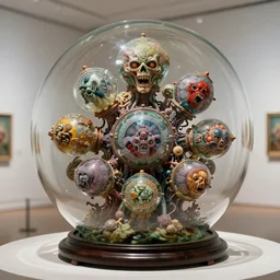 a perfect colour horrifying botanic illustration of an explosive human in a glass sphere designed in an ultra bombastic manner. the many bulbous chambers are etched with hurtful fablea. perfect focus, studio lighting, gallery setting
