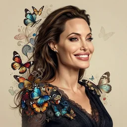 Angelina Jolie looking happy, intricate artwork by Tooth Wu and WLOP, cinematic butterflies