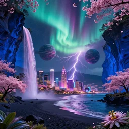 cyberpunk luxurious small city on holokalani black beach of maui in royal blue antelope canyon during sakura season on an interstellar aurora borealis with heavy thunder and lightning, pink waterfalls, galactic floating planet, passion flower, by peter mohrbacher, james jean, james gilleard, greg rutkowski, vincent di fate, rule of thirds, octane render, beautiful landscape