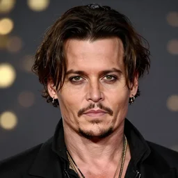 headshot of johnny depp's faced morphing into amber heard's face, androgynous, bokeh, studio lighting