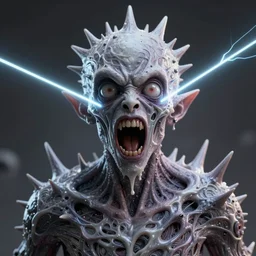 jason fused with a poltergeist lovecraft screaming space demon, spiky skin, creepy, melting, big eyes, laser beams, photo, portrait, 3 d, high details, intricate details, by vincent di fate, artgerm julie bell beeple, 9 0 s, smooth gradients, volumetric lightning, high contrast, duo tone, depth of field, very coherent symmetrical artwork