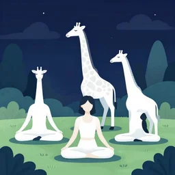 a still frame illustration of a a three white giraffes doing yoga in a night park, planet parade by quint buchholz, cheng hsiao - ron, wes anderson, fujita goro, edward hopper, rene magritte, simon stalenhag, fine details, ornate