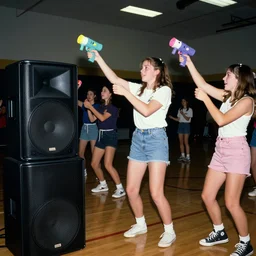 1990s candid photo of a middle school home coming dance with large speakers and slime blasters, cinematic, UHD