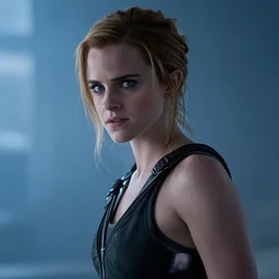 a cinematic still of Emma Watson as The T-X . Terminator 3 Rise of The Machines.