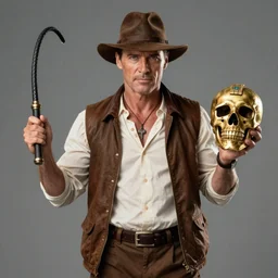 dolph lundgren as indiana jones holding a whip in left hand and holding a golden mayan skull in the right hand, grey background, hyperdetailed, artstation, cgsociety, 8 k
