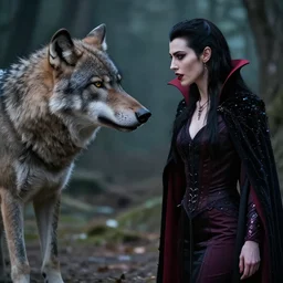 photograph of a real-life beautiful vampire confronting a werewolf. 8k