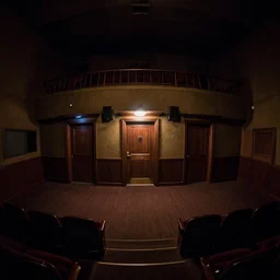 a dimly lit, theater hall, 3 doors, 1 staircase, day of the tentacle style, fish eye