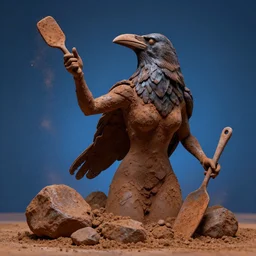 highly detailed photography of a woman made of rust clay, raven, big rocks, hand gesture, dust particles, dirt, dramatic scene, aesthetic, dynamic lighting, masterpiece, by roberto ferri, blue background, high quality, spatula