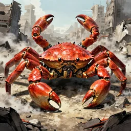 a very big giant mechanical weapons battle armor crab in the middle of war - torn battlefield of a crumbling city, some smoke, artstation, concept art, smooth, sharp focus, vivid grunge, manga, illustration, unreal engine 5, 8 k, traditional japanese colors, superior quality, very detailed, wide angle, by bilibin and kuvshinov, by malevich and