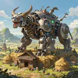 an intricate concept art, fantasy, asian shack, haystack behind, a large mechanical biomes, megafauna, ultra photorealistic, ultra sharp, artstation, cgsociety, masterpiece, anime colors, by ivan talavera, by wlop, octane render, 8 k