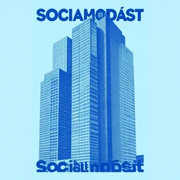 socialmodersist building, light blue background, brutalist architecture, poster, screen print, raster
