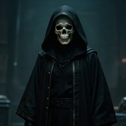 dark figure wearing black robe with subtle trim gold accents hooded skull cyberpunk bladerunner 2049 movie still (2017)