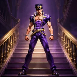 DIO fron Jojo standing menacingly atop a flight of stairs, dramatic rim lighting, highly detailed, sharp, smoke, vignette effect, purple and gold color scheme
