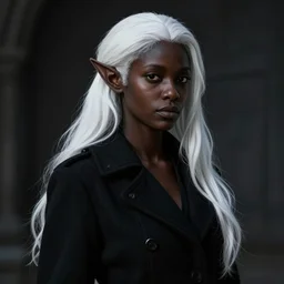a portrait of a dark female drow elf, pitchblack skin, naive, wearing a black coat, young adult, long white hair, style by donato giancola, wayne reynolds, jeff easley dramatic light, high detail, cinematic lighting, artstation, dungeons and dragons