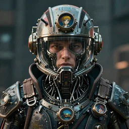 synthwave symmetric digital portrait steampunk cyborg pirate, biomechanical legendary cyberpunk style, epic apex legends concept, retro futuristic lines and decals on vacuum helmet, mad max, beksinski mohrbacher shirow, sharp focus, realistic scifi masterpiece, cinematic natural light, highly intricate details, 8 k, hdr, octane render
