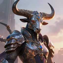 a sci fi close up portrait of a shadow mage with a massive taurus headpiece protruding from a sci fi armor, majestic and futuristic, high detail, cyber - medieval, ornate metal, unreal engine, octane render, art by vitaly bulgarov artstation, destiny concept art, fog volumes, pinterest hard surface, vibrant dual tone lighting, cgsociety