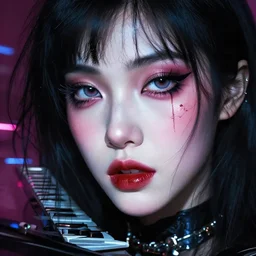 face that looks like a romantic piano piece that is epical revolutionary seditious, cyberpunk
