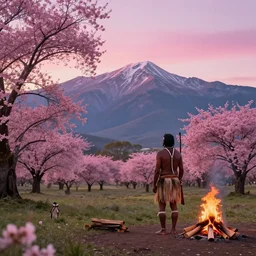 spring morning scene, pink sunrise, indigenous man, hunter, aboriginal, standing, looking at the mountains, back turned, beautiful detailed, campfire, cherry blossom trees, pink flower field, by greg rutkowski, cgsociety