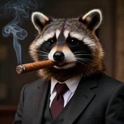 a racoon wearing a suit smoking a cigar on his mouth, dramatic lighting, cinematic, establishing shot, extremly high detail, photorealistic, cinematic lighting, artstation, style by James Gurney