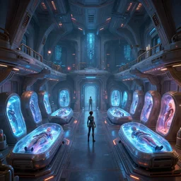 epic interior hall full of hypersleep chambers, cryosleep, spaceship starship mothership mass effect andromeda krogan base wallpaper 3 d pixar disney digital cgi rtx hdr painting bioluminance alena aenami artworks in 4 kby jesper ejsing, feng zhu and loish beeple, by thomas kinkade