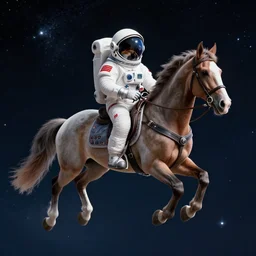 horse wearing a space suit with helmet, floating in outer space, high tech saddle, highly detailed, stars in the background, nasa picture, 4 k, octane render, highly realistic photograph, full body shot