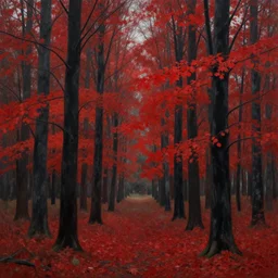 a surreal disorienting painting of a forest where the trees have black trunks and vibrant red leaves