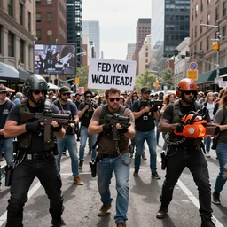 Occupy Wall Street except the protestors have assault class nuclear weaponry, lava chainsaws, and the graviton gun from Syndicate Wars, high quality news footage