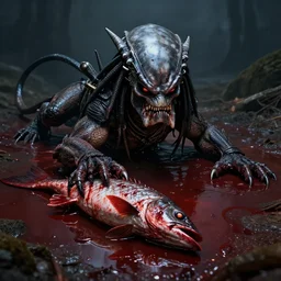 predator ( from the dim predator ) lying in a pool of blood from its prey, 4 k, award winning, sci fi, hyper detailed, dark lighting, horror art