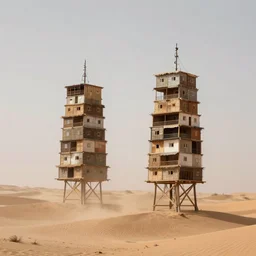 two high towers made up of stacked makeshift squatter shacks suspended on large sand dunes in a desert, soft colours, dust storm, hasselblad, fine details, photographed by julie blackmon