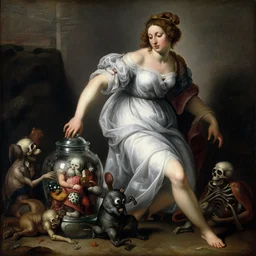 a painting of pandora opening her jar, releasing critters that impersonate sickness and death by artemisia gentileschi