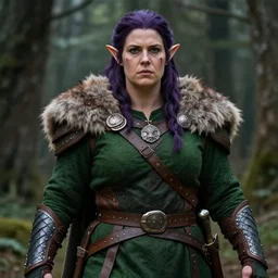 athena as a medieval fantasy wood elf, dark purplish hair tucked behind ears, wearing a green tunic with a fur lined collar and brown leather armor, wide, muscular build, scar across nose, one black, scaled arm, cinematic, character art, digital art, forest background, realistic. 8 k