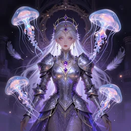 alchemy imperial princess knight gothic girl. intricate, centered, amazing composition by amano yoshitaka, by rembrandt, illustrious makinami, digital art, digital painting, artstation trending, unreal engine, fractal flame, transparent jellyfish, transparent feathers, bio luminescent, amethyst