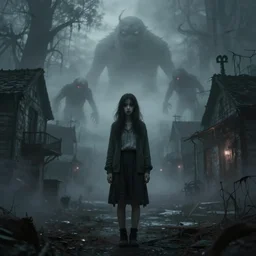 girl in a creepy town covered in heavy fog and monsters