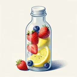 ( ( dither ) ), editorial illustration strawberries blueberries sliced kiwi sliced lemon inside a clear drinking bottle, isometric, modern art deco, mads berg, karolis strautniekas, stippled light, fog, fine texture, dynamic composition, matte print, ( ( unreal engine ) )