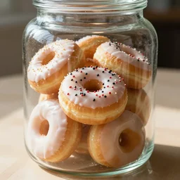 donuts in a pretty big glass jar, sunlight, f - stop, high quality photography,