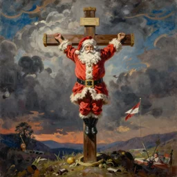 a detailed painting titled santa on the cross by gerald scarfe and ralph steadman